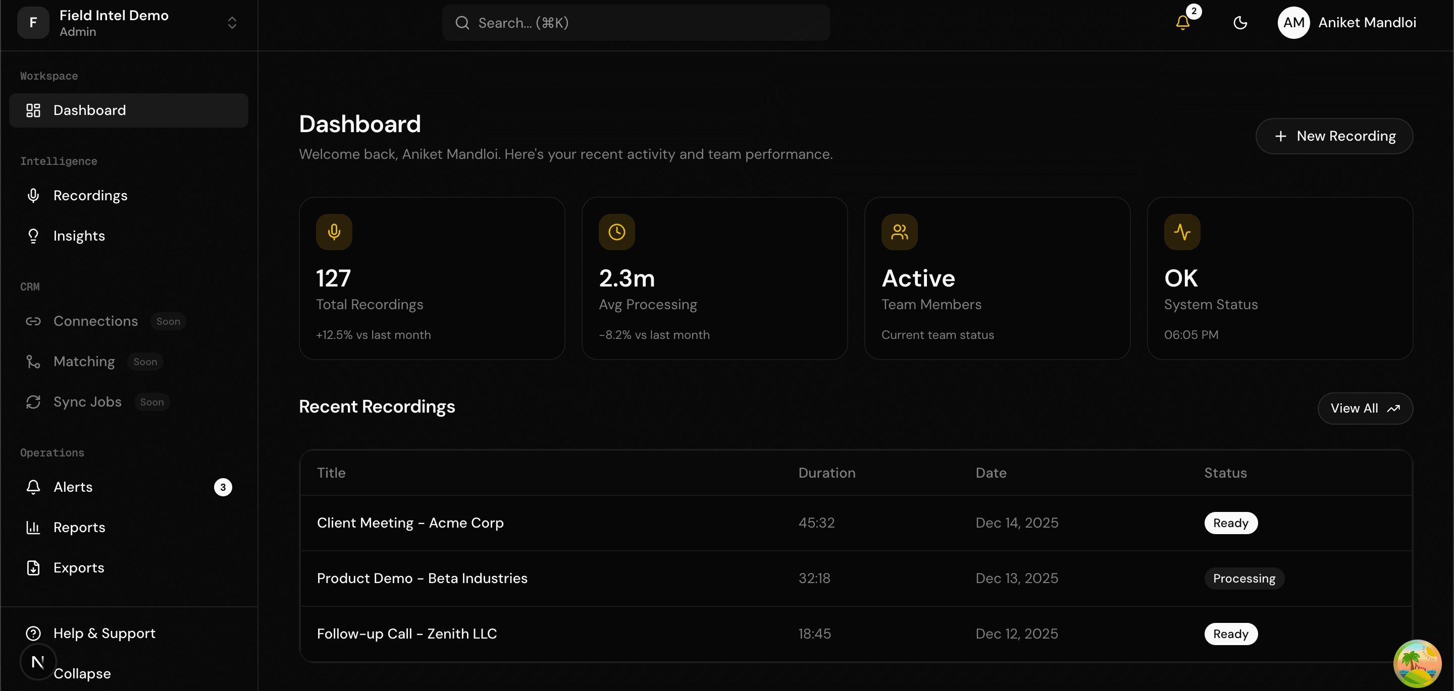 Field Intel dashboard — dark mode