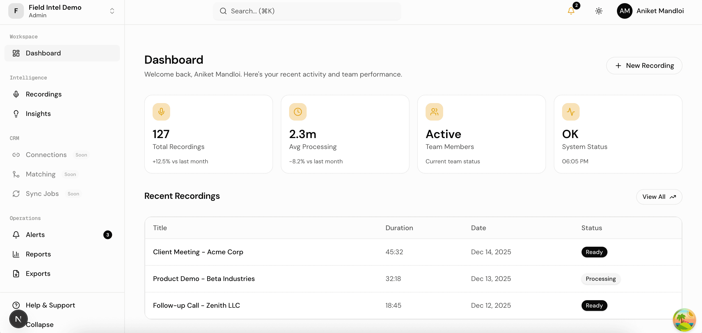 Field Intel dashboard — light mode